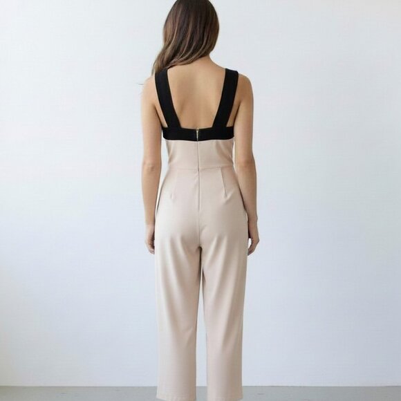 KOH KOH Colorblock Criss-Cross Halter Neck Sleeveless Jumpsuit Beige & Black S - Picture 3 of 6